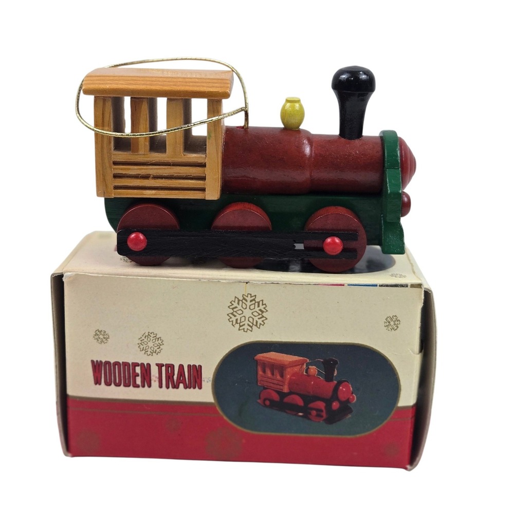 Vtg 80s Hobby Lobby Wooden Train Ornament Steam Engine Red Green 4" Holiday EUC
